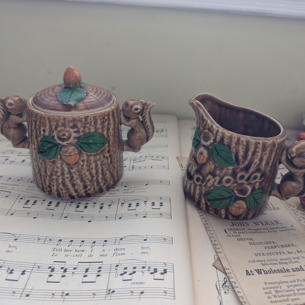Vintage Canada Ceramic Squirrel Sugar Bowl and Creamer Set with Green Leaf
